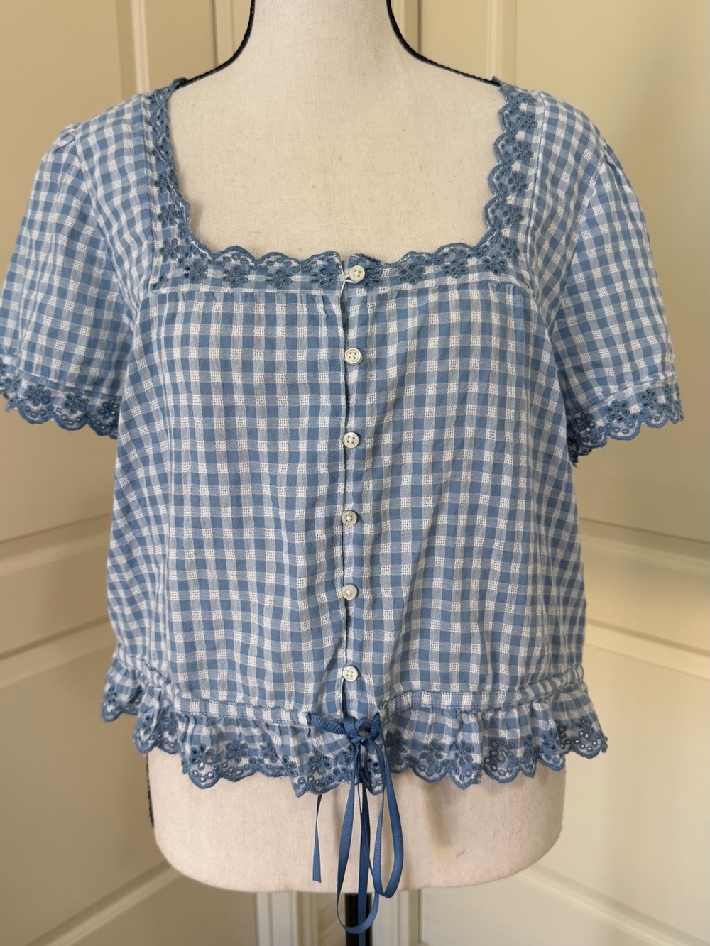 American Eagle Outfitters Light Blue Gingham Button-Front Lace Trim Top